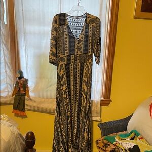 Navy blue and Cream boho Maxi button down front Dress